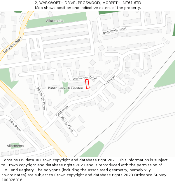 2, WARKWORTH DRIVE, PEGSWOOD, MORPETH, NE61 6TD: Location map and indicative extent of plot