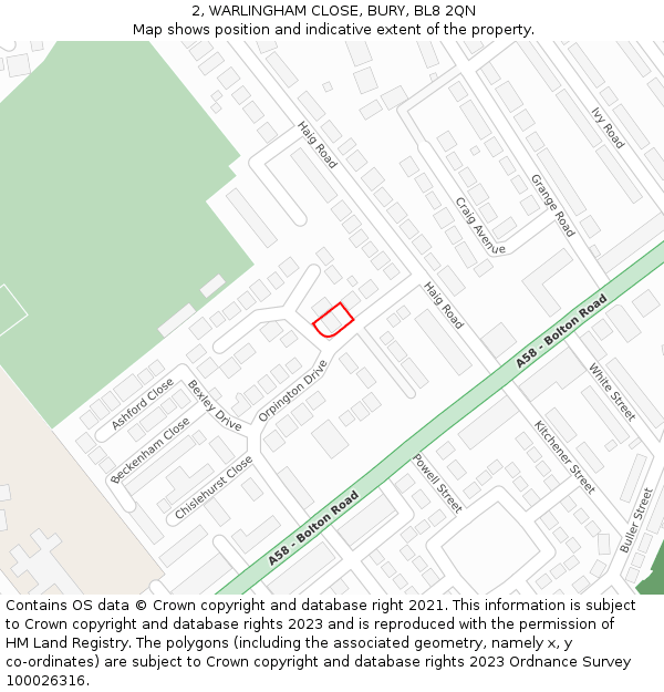 2, WARLINGHAM CLOSE, BURY, BL8 2QN: Location map and indicative extent of plot