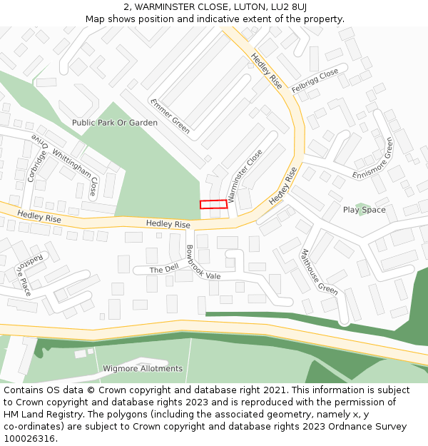 2, WARMINSTER CLOSE, LUTON, LU2 8UJ: Location map and indicative extent of plot