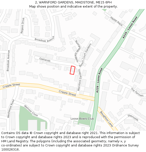 2, WARNFORD GARDENS, MAIDSTONE, ME15 6PH: Location map and indicative extent of plot