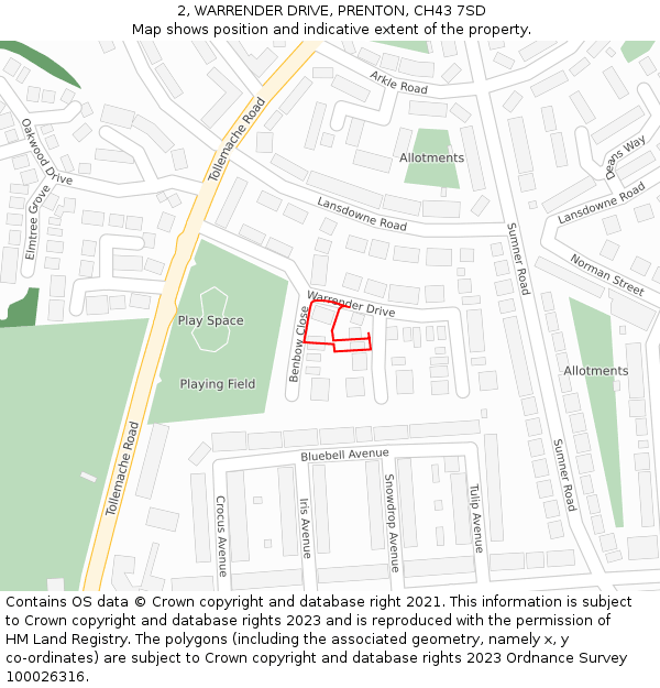 2, WARRENDER DRIVE, PRENTON, CH43 7SD: Location map and indicative extent of plot