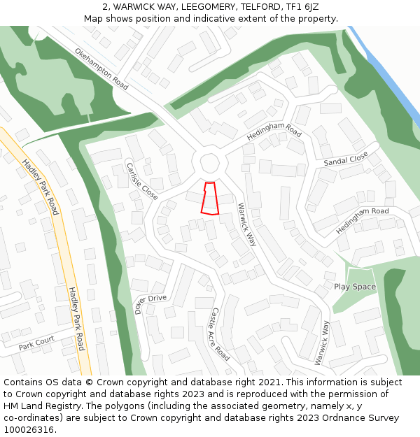 2, WARWICK WAY, LEEGOMERY, TELFORD, TF1 6JZ: Location map and indicative extent of plot