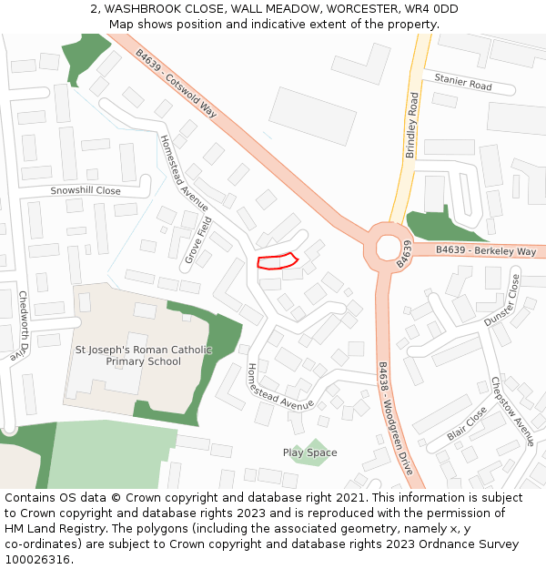 2, WASHBROOK CLOSE, WALL MEADOW, WORCESTER, WR4 0DD: Location map and indicative extent of plot