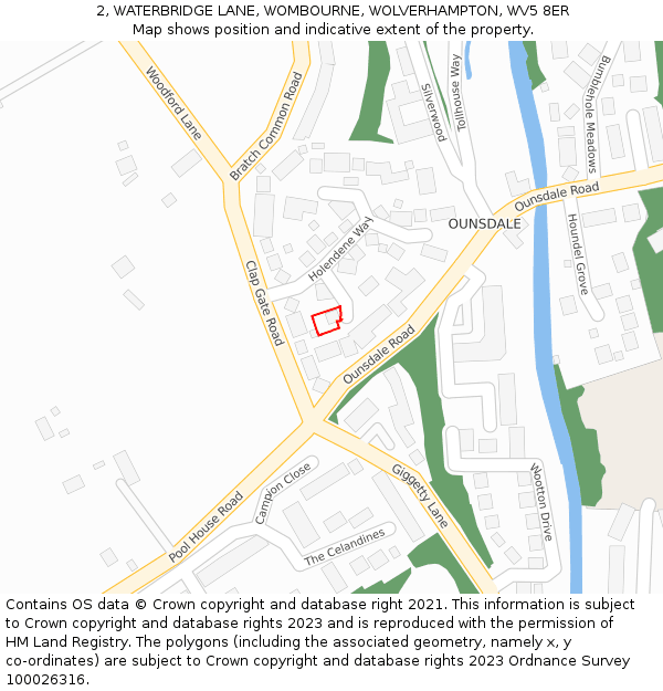 2, WATERBRIDGE LANE, WOMBOURNE, WOLVERHAMPTON, WV5 8ER: Location map and indicative extent of plot