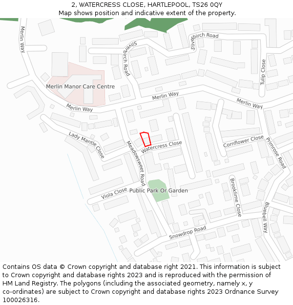 2, WATERCRESS CLOSE, HARTLEPOOL, TS26 0QY: Location map and indicative extent of plot