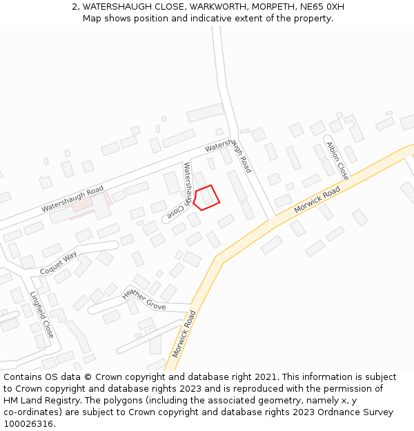 2, WATERSHAUGH CLOSE, WARKWORTH, MORPETH, NE65 0XH: Location map and indicative extent of plot