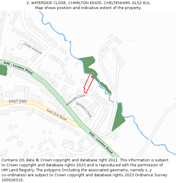 2, WATERSIDE CLOSE, CHARLTON KINGS, CHELTENHAM, GL52 6UL: Location map and indicative extent of plot