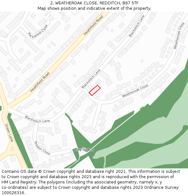 2, WEATHEROAK CLOSE, REDDITCH, B97 5TF: Location map and indicative extent of plot