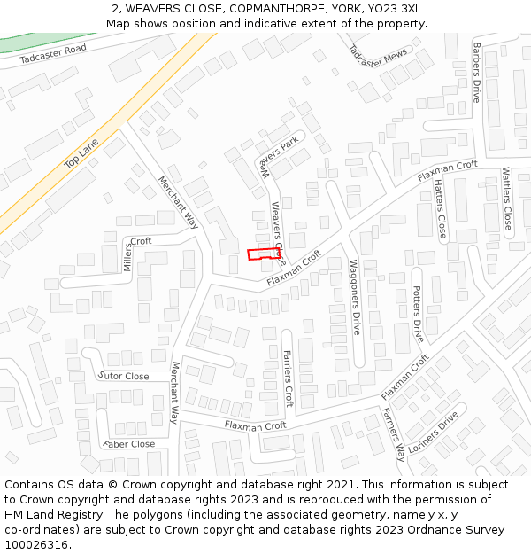 2, WEAVERS CLOSE, COPMANTHORPE, YORK, YO23 3XL: Location map and indicative extent of plot