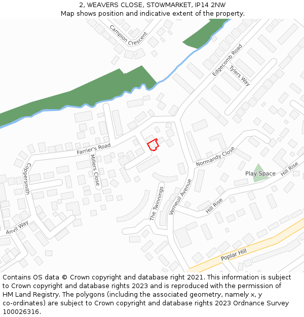 2, WEAVERS CLOSE, STOWMARKET, IP14 2NW: Location map and indicative extent of plot