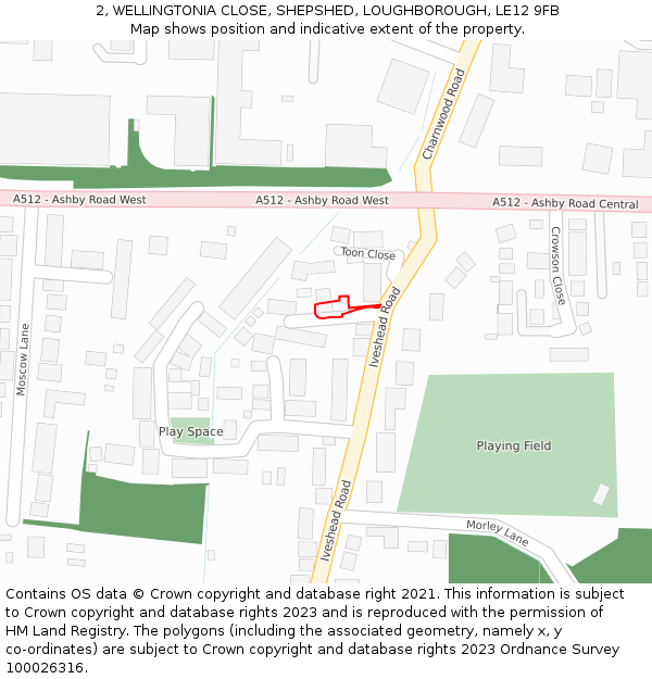 2, WELLINGTONIA CLOSE, SHEPSHED, LOUGHBOROUGH, LE12 9FB: Location map and indicative extent of plot