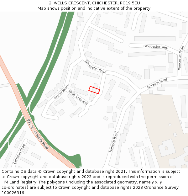 2, WELLS CRESCENT, CHICHESTER, PO19 5EU: Location map and indicative extent of plot