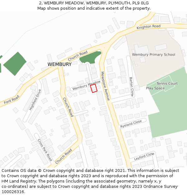 2, WEMBURY MEADOW, WEMBURY, PLYMOUTH, PL9 0LG: Location map and indicative extent of plot