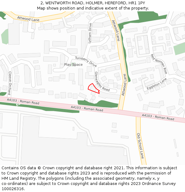 2, WENTWORTH ROAD, HOLMER, HEREFORD, HR1 1PY: Location map and indicative extent of plot