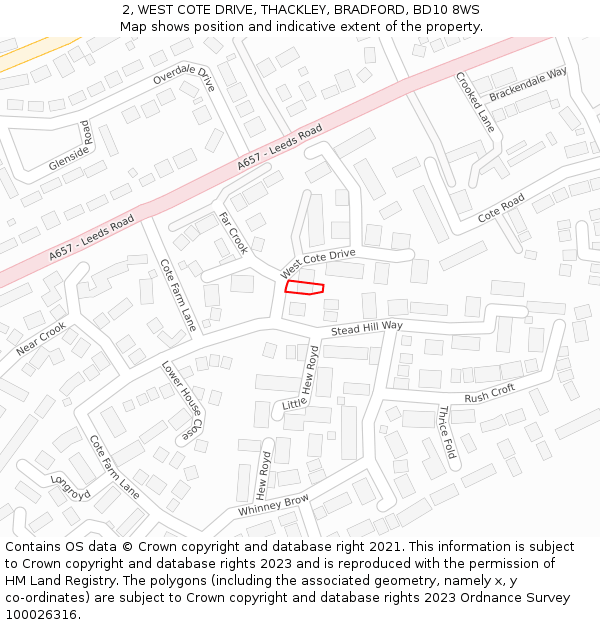 2, WEST COTE DRIVE, THACKLEY, BRADFORD, BD10 8WS: Location map and indicative extent of plot