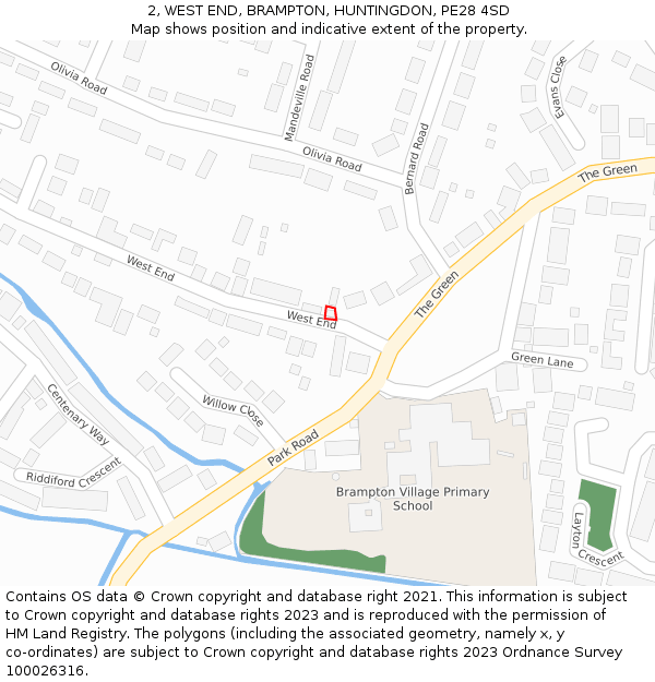 2, WEST END, BRAMPTON, HUNTINGDON, PE28 4SD: Location map and indicative extent of plot