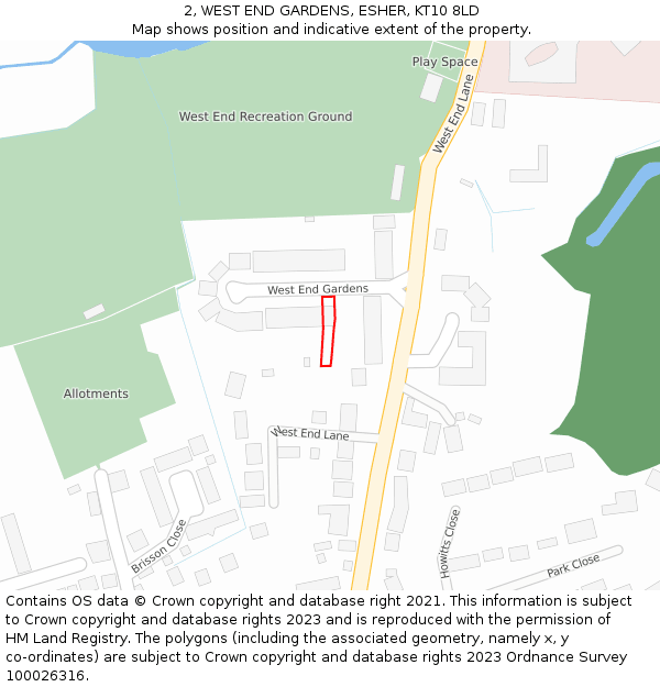 2, WEST END GARDENS, ESHER, KT10 8LD: Location map and indicative extent of plot