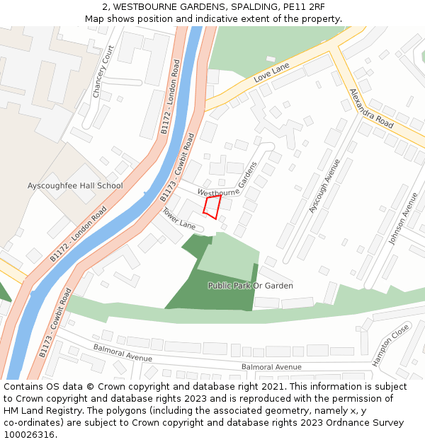 2, WESTBOURNE GARDENS, SPALDING, PE11 2RF: Location map and indicative extent of plot