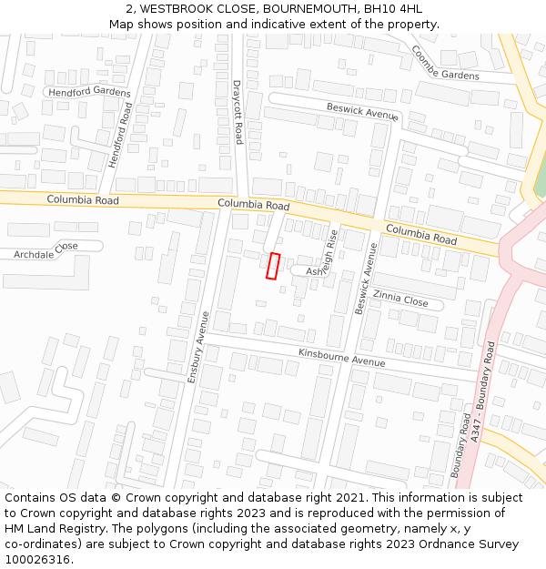 2, WESTBROOK CLOSE, BOURNEMOUTH, BH10 4HL: Location map and indicative extent of plot