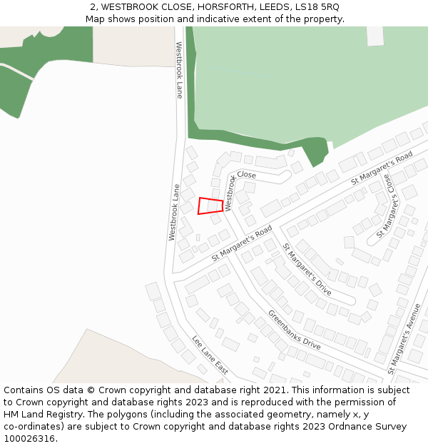 2, WESTBROOK CLOSE, HORSFORTH, LEEDS, LS18 5RQ: Location map and indicative extent of plot