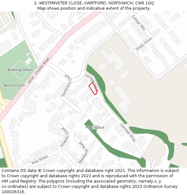 2, WESTMINSTER CLOSE, HARTFORD, NORTHWICH, CW8 1GQ: Location map and indicative extent of plot