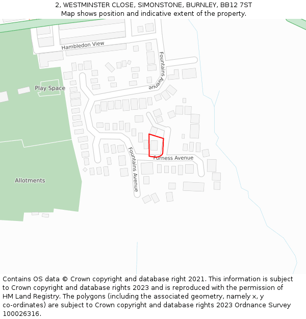 2, WESTMINSTER CLOSE, SIMONSTONE, BURNLEY, BB12 7ST: Location map and indicative extent of plot