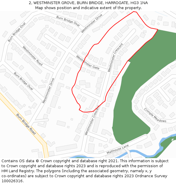 2, WESTMINSTER GROVE, BURN BRIDGE, HARROGATE, HG3 1NA: Location map and indicative extent of plot