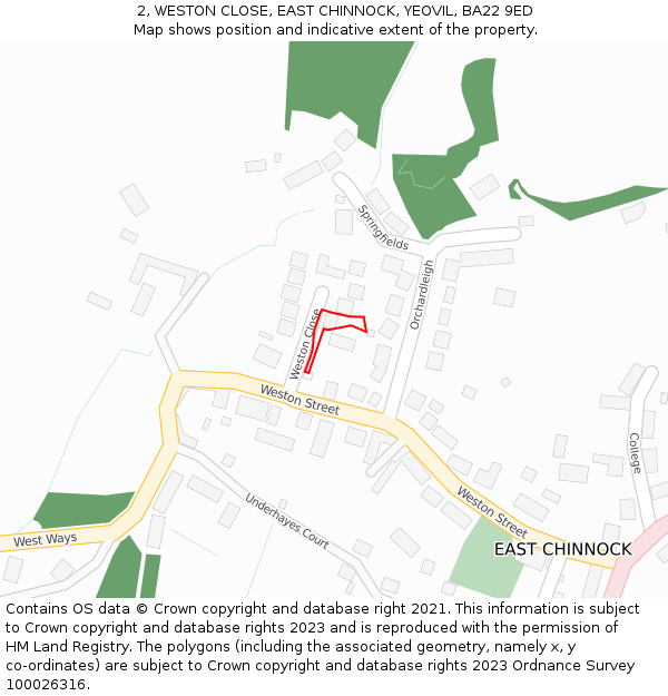 2, WESTON CLOSE, EAST CHINNOCK, YEOVIL, BA22 9ED: Location map and indicative extent of plot