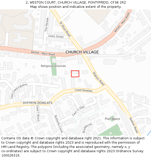 2, WESTON COURT, CHURCH VILLAGE, PONTYPRIDD, CF38 1RZ: Location map and indicative extent of plot