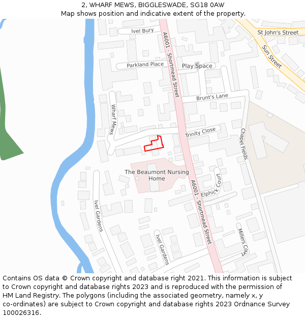 2, WHARF MEWS, BIGGLESWADE, SG18 0AW: Location map and indicative extent of plot