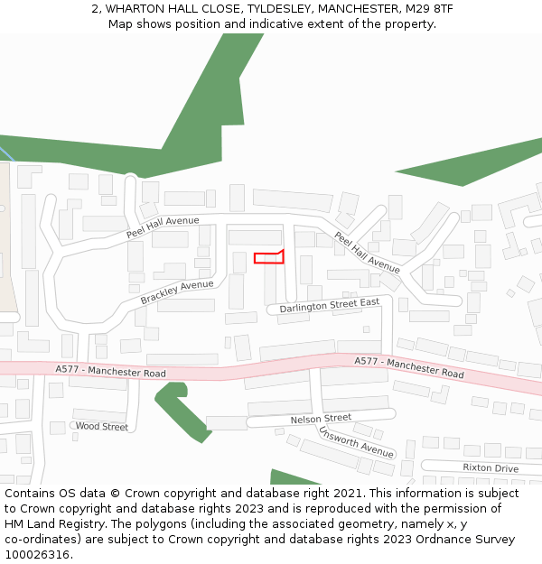 2, WHARTON HALL CLOSE, TYLDESLEY, MANCHESTER, M29 8TF: Location map and indicative extent of plot