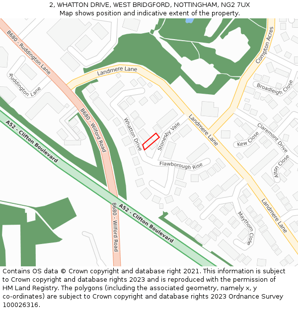 2, WHATTON DRIVE, WEST BRIDGFORD, NOTTINGHAM, NG2 7UX: Location map and indicative extent of plot