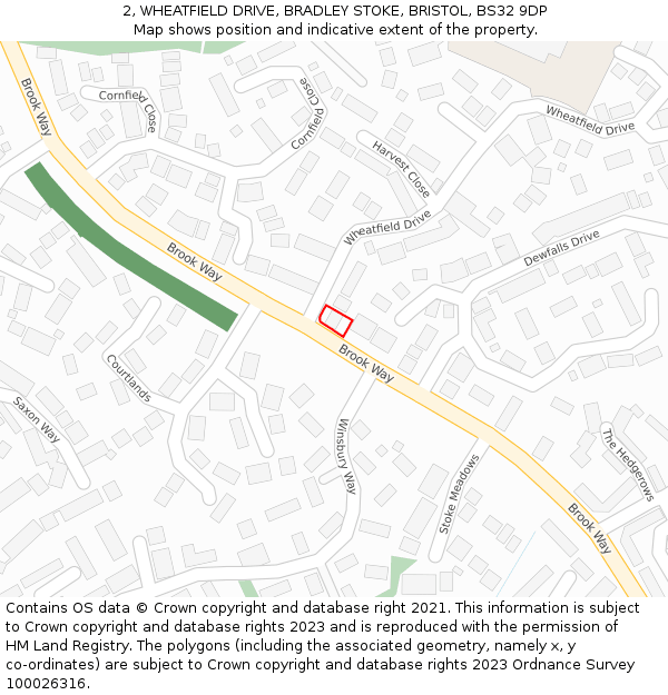 2, WHEATFIELD DRIVE, BRADLEY STOKE, BRISTOL, BS32 9DP: Location map and indicative extent of plot