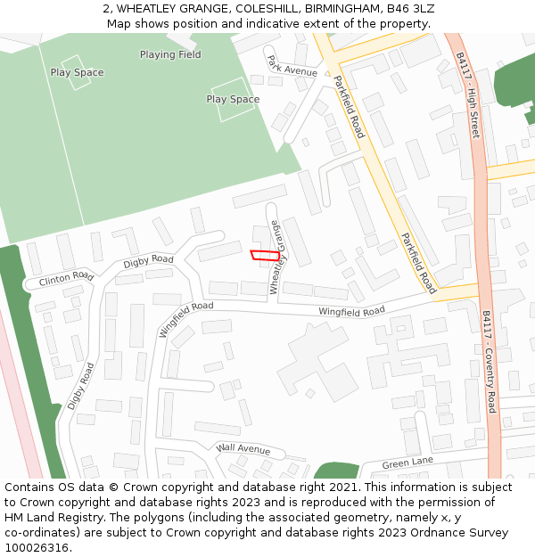 2, WHEATLEY GRANGE, COLESHILL, BIRMINGHAM, B46 3LZ: Location map and indicative extent of plot