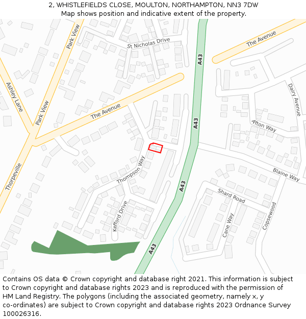2, WHISTLEFIELDS CLOSE, MOULTON, NORTHAMPTON, NN3 7DW: Location map and indicative extent of plot