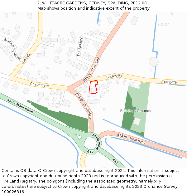 2, WHITEACRE GARDENS, GEDNEY, SPALDING, PE12 0DU: Location map and indicative extent of plot