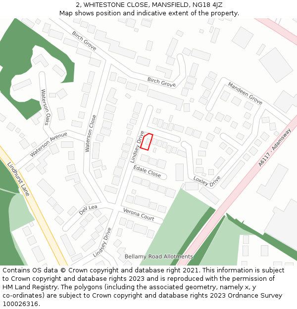 2, WHITESTONE CLOSE, MANSFIELD, NG18 4JZ: Location map and indicative extent of plot