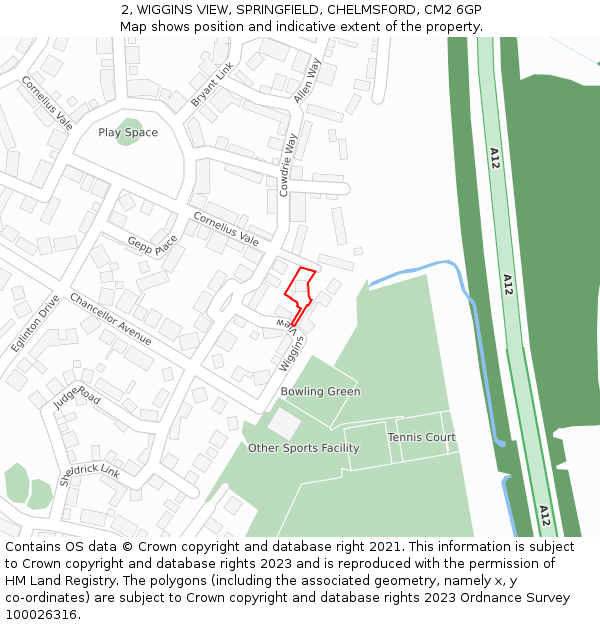 2, WIGGINS VIEW, SPRINGFIELD, CHELMSFORD, CM2 6GP: Location map and indicative extent of plot