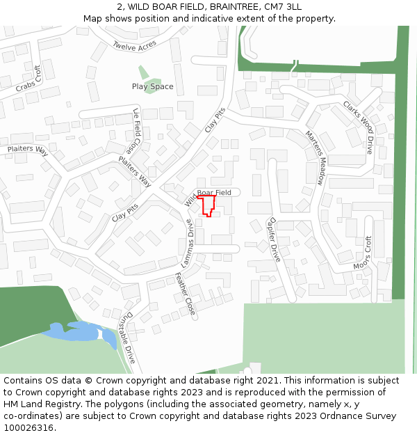 2, WILD BOAR FIELD, BRAINTREE, CM7 3LL: Location map and indicative extent of plot