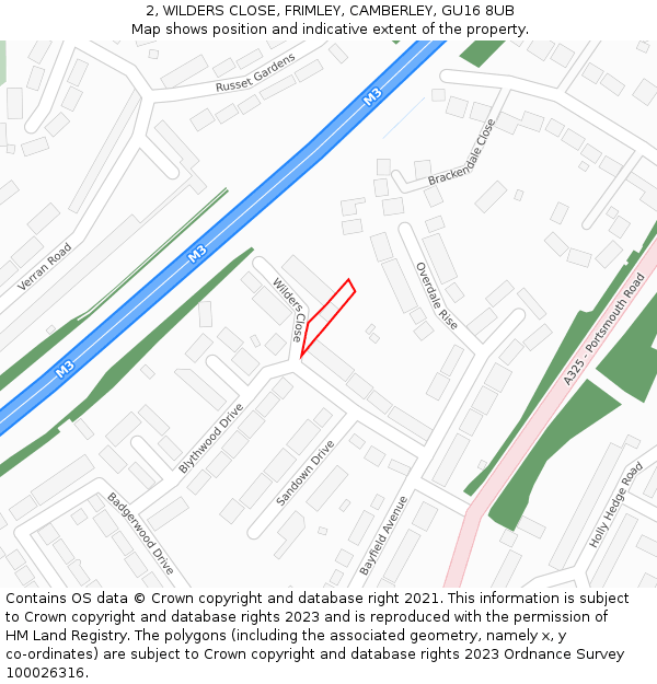 2, WILDERS CLOSE, FRIMLEY, CAMBERLEY, GU16 8UB: Location map and indicative extent of plot