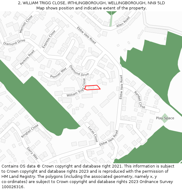 2, WILLIAM TRIGG CLOSE, IRTHLINGBOROUGH, WELLINGBOROUGH, NN9 5LD: Location map and indicative extent of plot