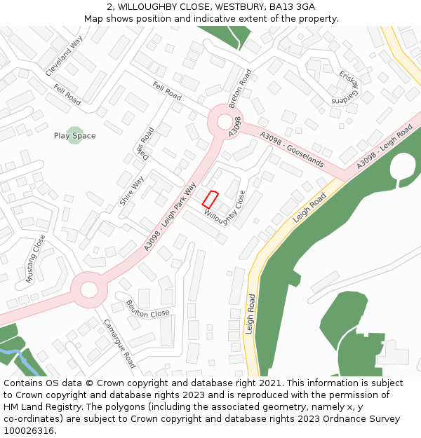 2, WILLOUGHBY CLOSE, WESTBURY, BA13 3GA: Location map and indicative extent of plot