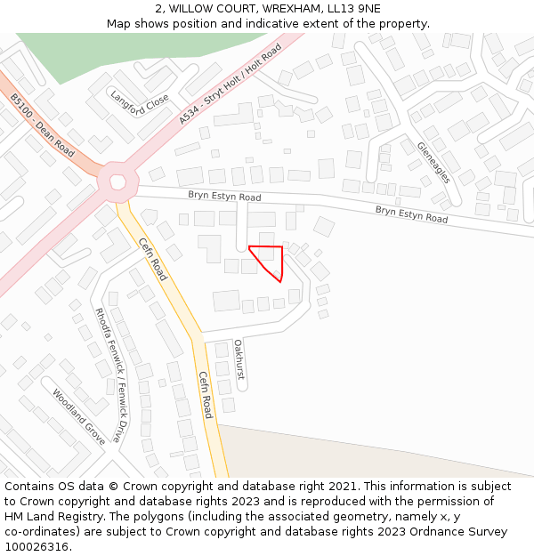 2, WILLOW COURT, WREXHAM, LL13 9NE: Location map and indicative extent of plot