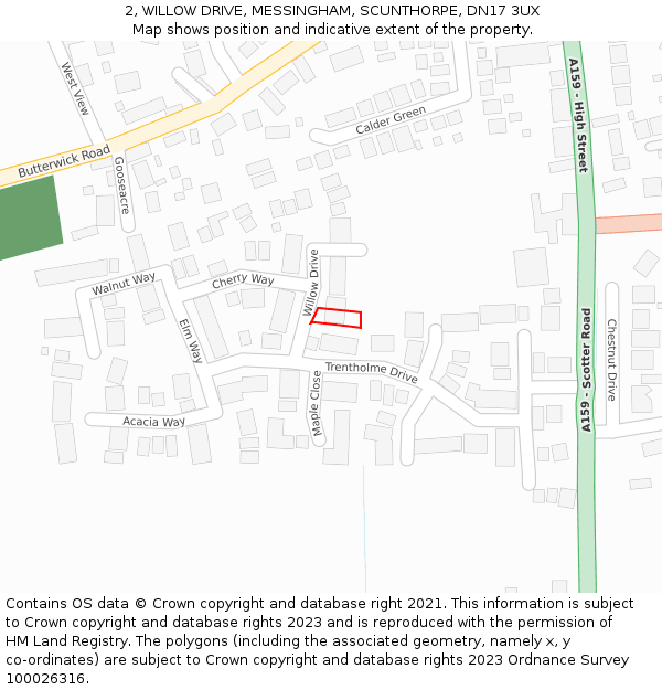 2, WILLOW DRIVE, MESSINGHAM, SCUNTHORPE, DN17 3UX: Location map and indicative extent of plot