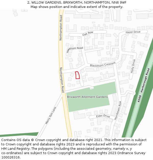 2, WILLOW GARDENS, BRIXWORTH, NORTHAMPTON, NN6 9WF: Location map and indicative extent of plot