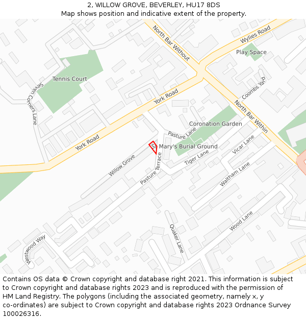 2, WILLOW GROVE, BEVERLEY, HU17 8DS: Location map and indicative extent of plot