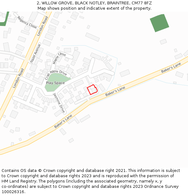 2, WILLOW GROVE, BLACK NOTLEY, BRAINTREE, CM77 8FZ: Location map and indicative extent of plot