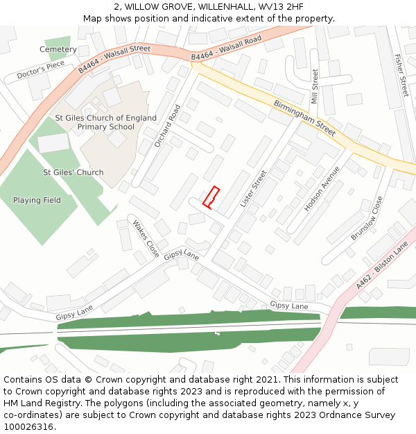 2, WILLOW GROVE, WILLENHALL, WV13 2HF: Location map and indicative extent of plot