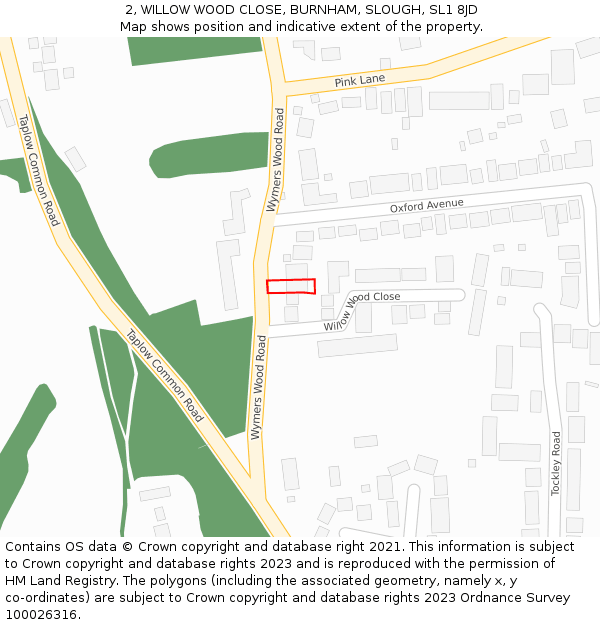 2, WILLOW WOOD CLOSE, BURNHAM, SLOUGH, SL1 8JD: Location map and indicative extent of plot