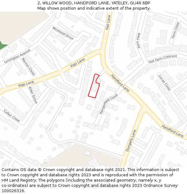 2, WILLOW WOOD, HANDFORD LANE, YATELEY, GU46 6BP: Location map and indicative extent of plot